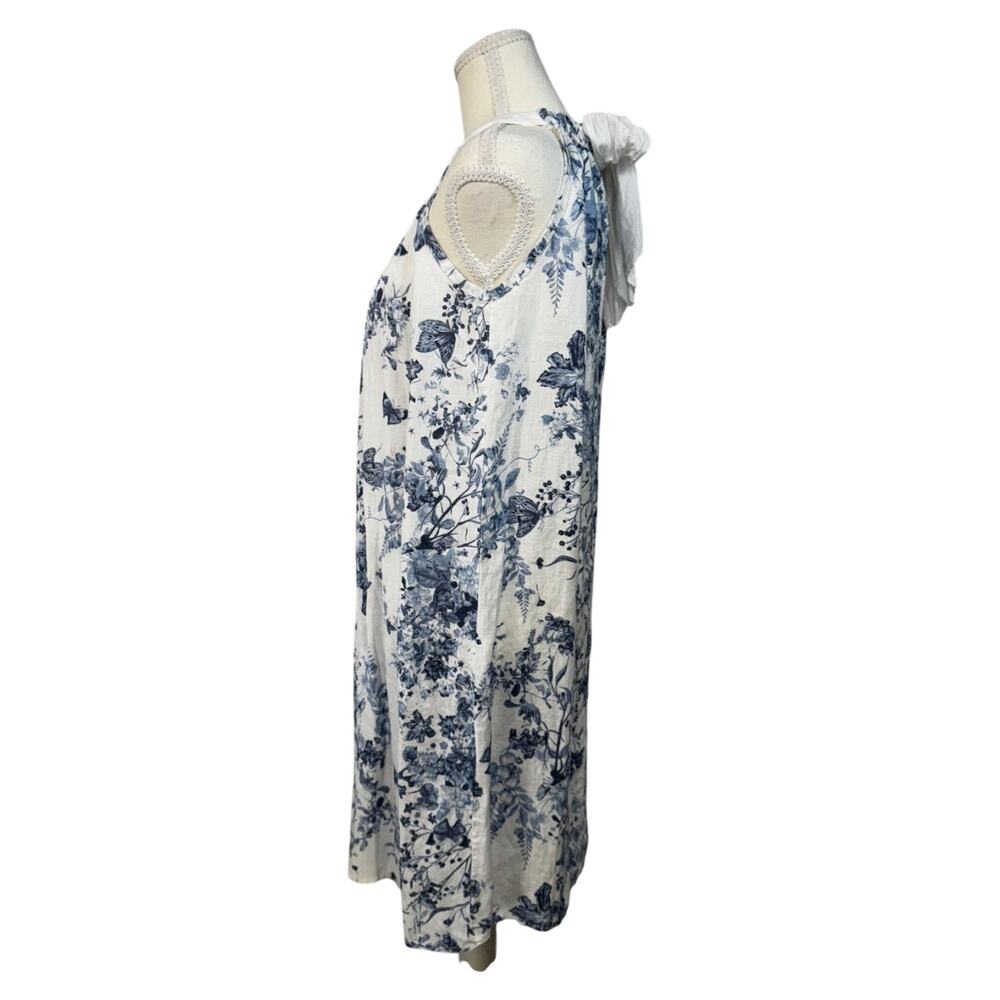 Italian Linen Trapeze Dress Ecru Blue Toile Floral Tie Neck Lined S/M Resort - Picture 10 of 14